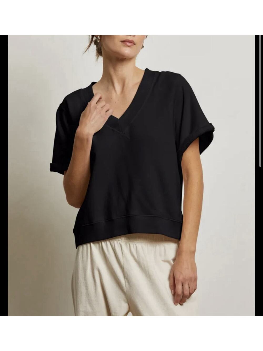 Perfectwhitetee Black Briggs French Terry V-neck Top Oversized Relaxed Sz XS